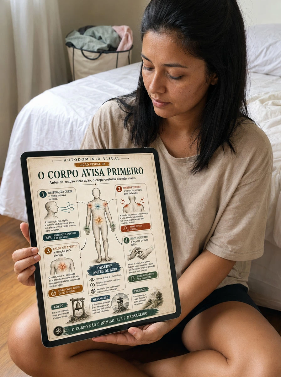 Pessoa consultando a lição O corpo avisa primeiro no tablet