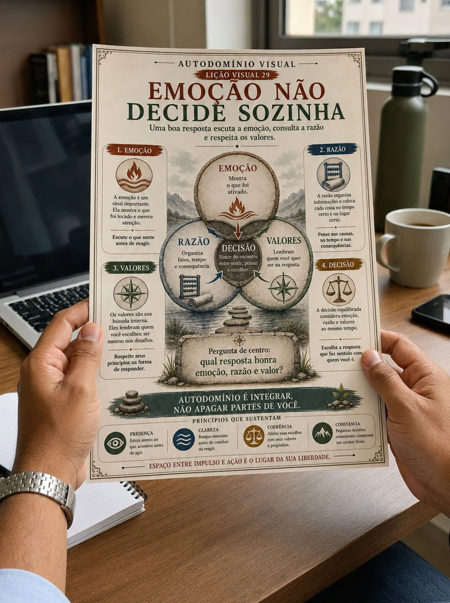 Pessoa segurando a lição Emoção não decide sozinha impressa